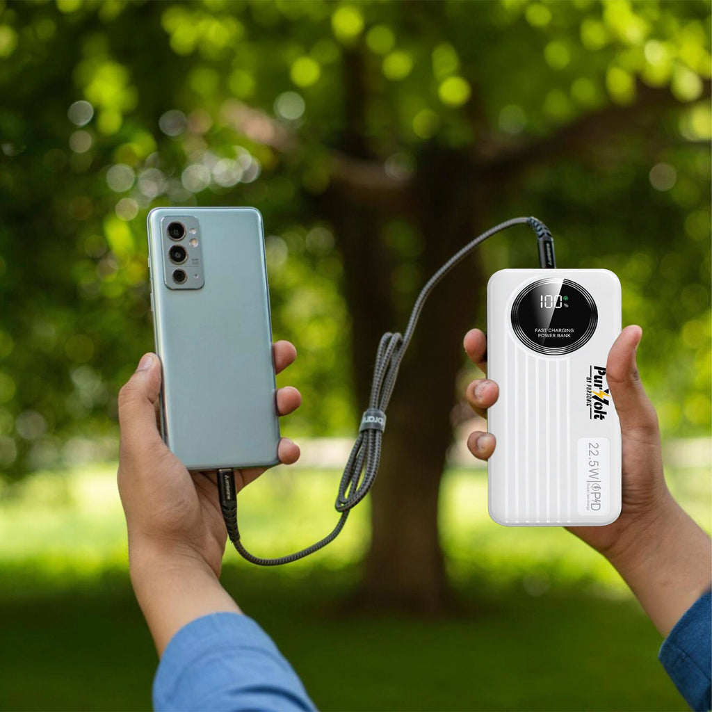 Pursonic 10,000mAh LED Fast Charging Power Bank – Built-in Cables, 22.5W Output, Type-C/USB/Lightning Compatibility